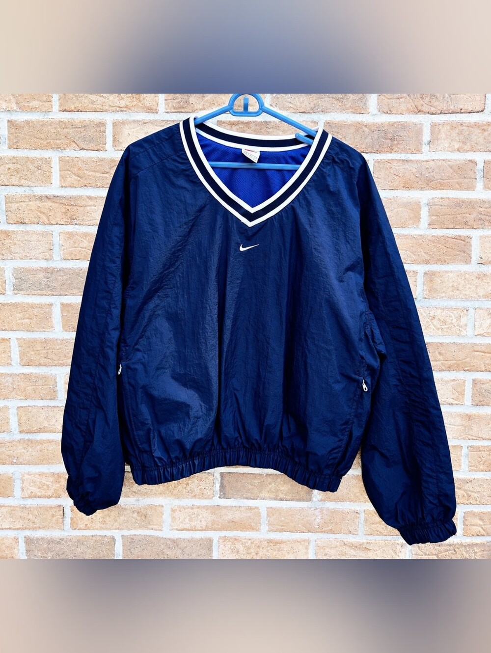Vintage 90s Nike Pullover Windbreaker Jacket M 8-10 Navy Blue V Neck Swoosh